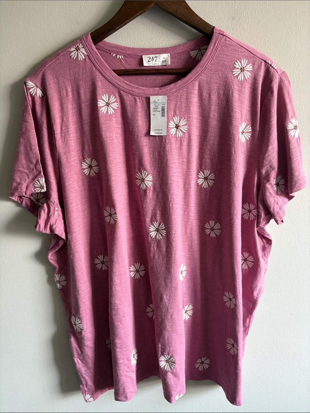 NWT Maurices 24/7 Pink Embroidered Daisy Slub Knit Tee 2X Plus Size Floral